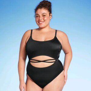 Wild Fable Women's Plus 24 Black Wrap Cut Out Cheeky One Piece Swimsuit